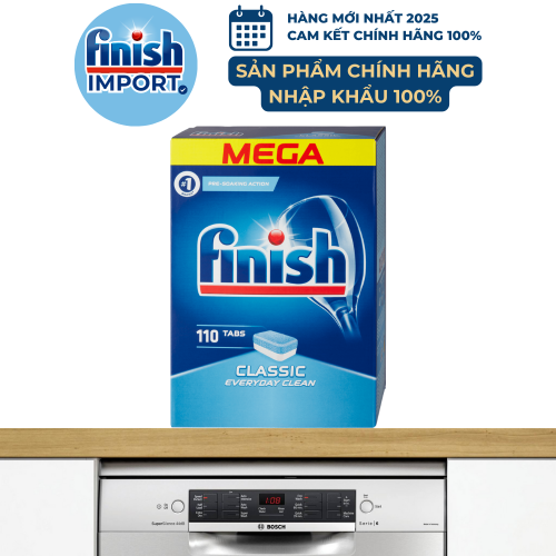 Hộp 110 viên Finish Classic MEGA, thiết kế mới, 2 tính năng, dành cho máy rửa chén 9-13 bộ